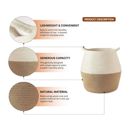 Modern handmade laundry hamper basket with sturdy handles and neutral beige white design for minimalist and farmhouse home decor.