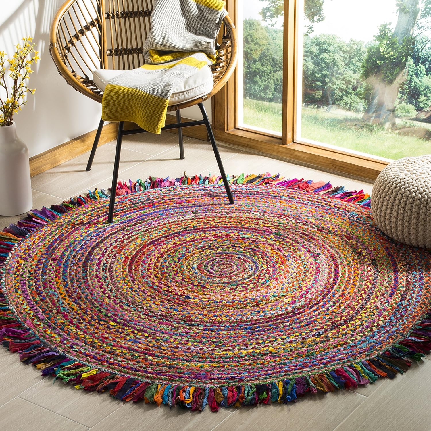 Natural Jute Area Rug with vibrant colors and textured fringe — perfect as a decorative Floor Carpet for any room.