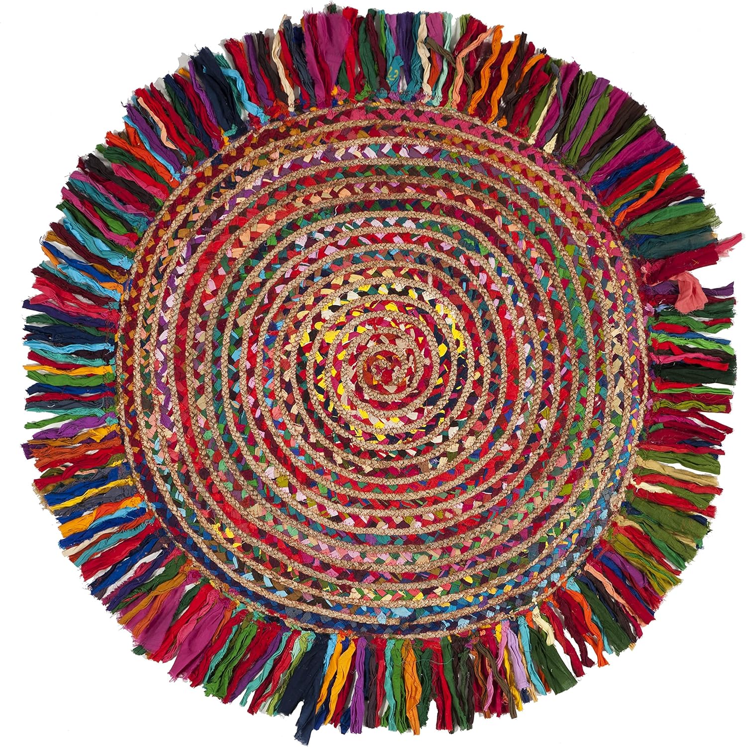 Vibrant Natural Jute Area Rug featuring a colorful braided design with fringed edges, perfect for adding texture to any space.