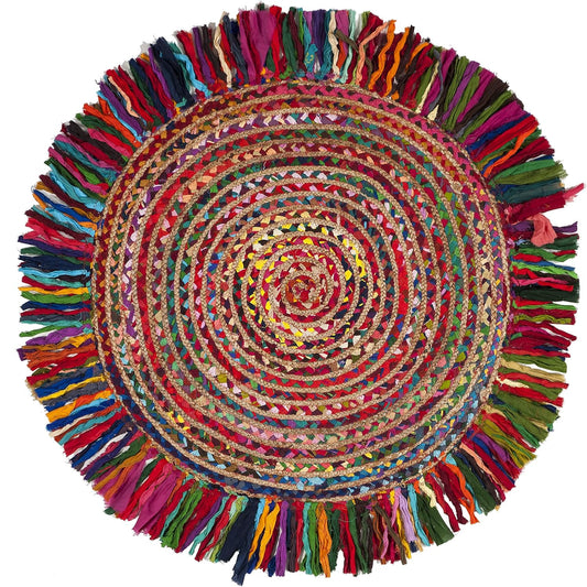 Vibrant Natural Jute Area Rug featuring a colorful braided design with fringed edges, perfect for adding texture to any space.