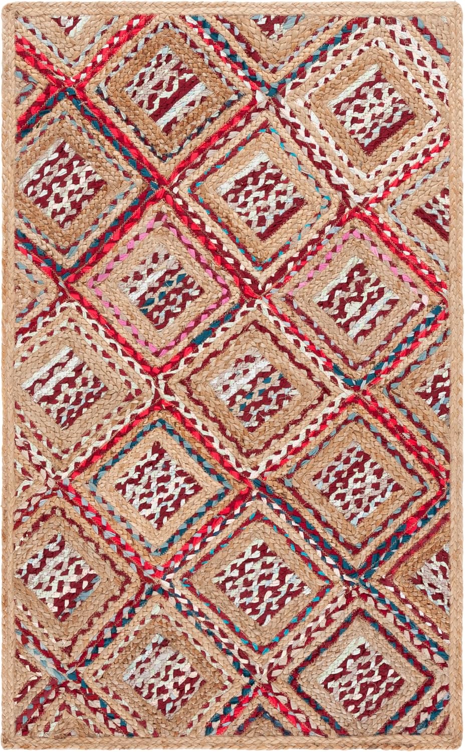 Colorful woven area rug with diamond pattern in red, beige, and teal, made from natural fibers.