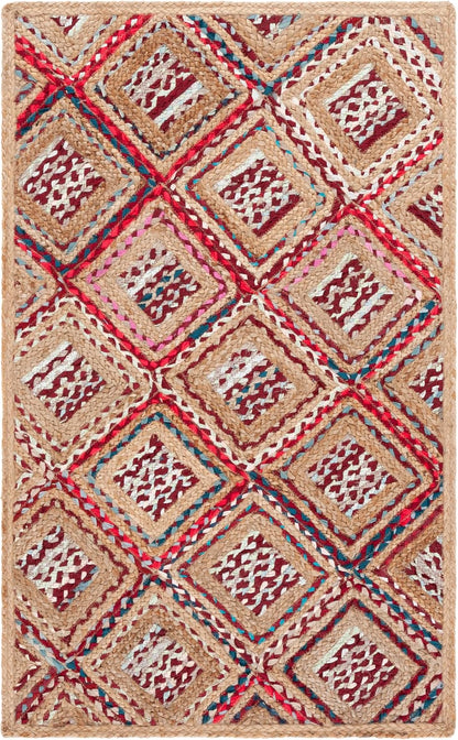 Colorful woven area rug with diamond pattern in red, beige, and teal, made from natural fibers.