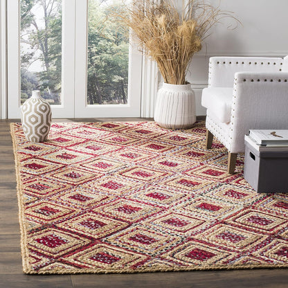Handwoven area rug with red and beige diamond pattern, made of natural fibers, perfect for stylish home decor.