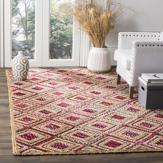 Handwoven area rug with red and beige diamond pattern, made of natural fibers, perfect for stylish home decor.