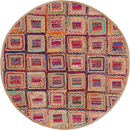 Colorful round rug made of woven jute, featuring vibrant square patterns in pinks, blues, and earthy tones.