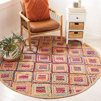 Colorful round jute rug with patterned squares, perfect for adding a vibrant touch to your living space.