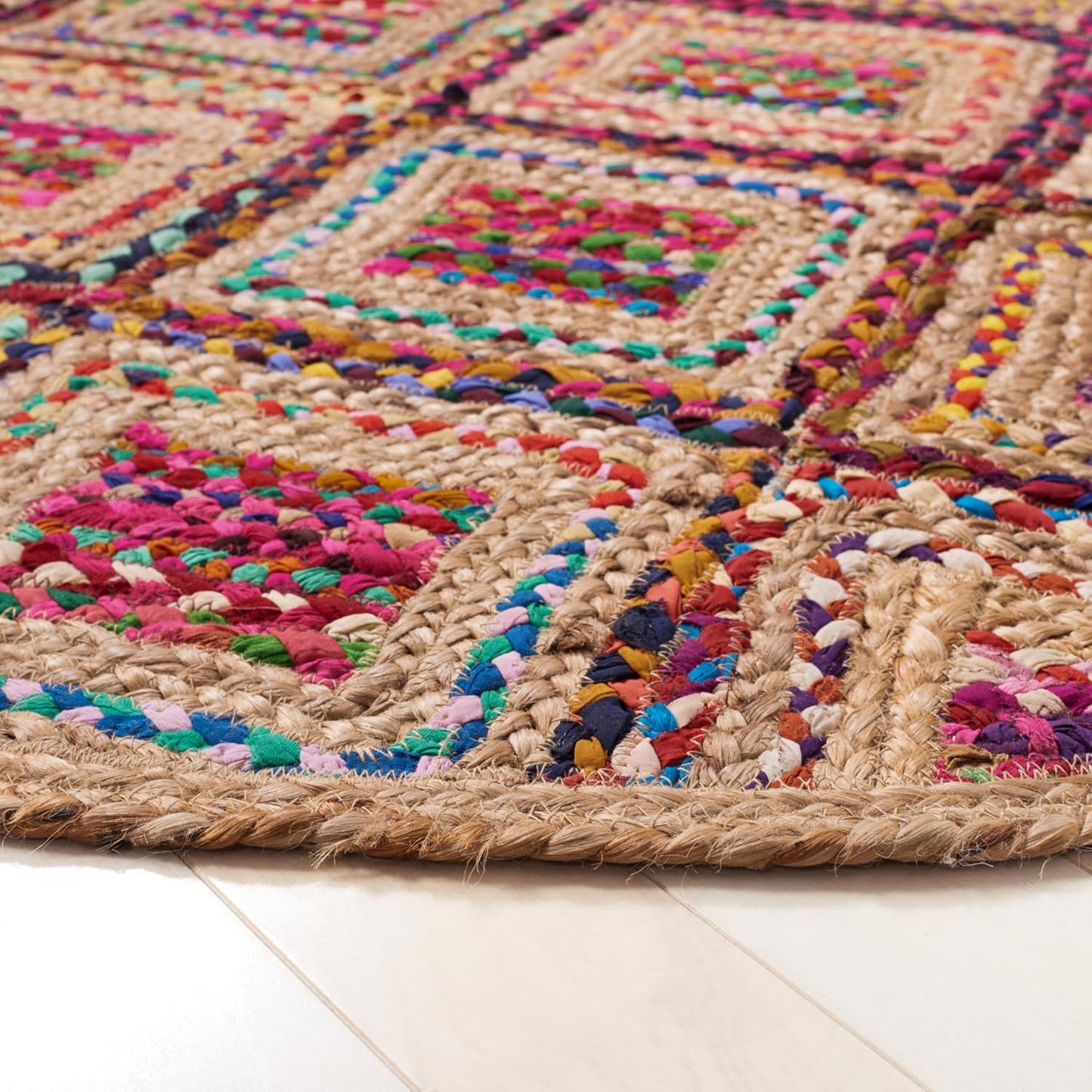 Colorful woven jute rug featuring vibrant patterns, ideal for enhancing any living space.
