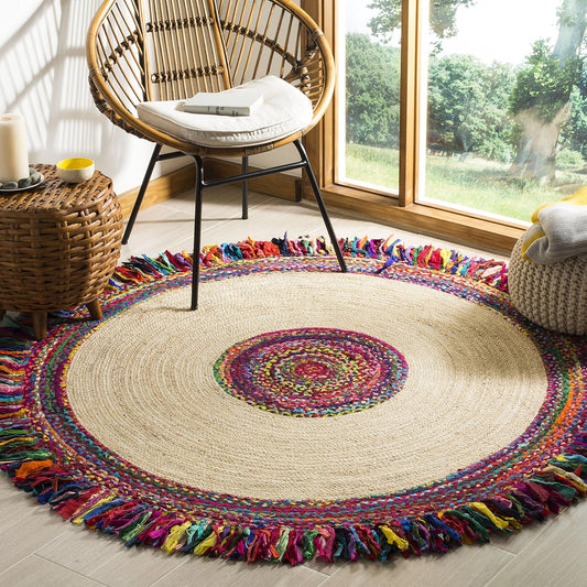 Natural Jute Area Rug with colorful fringes, perfect for adding a bohemian touch to any living space.