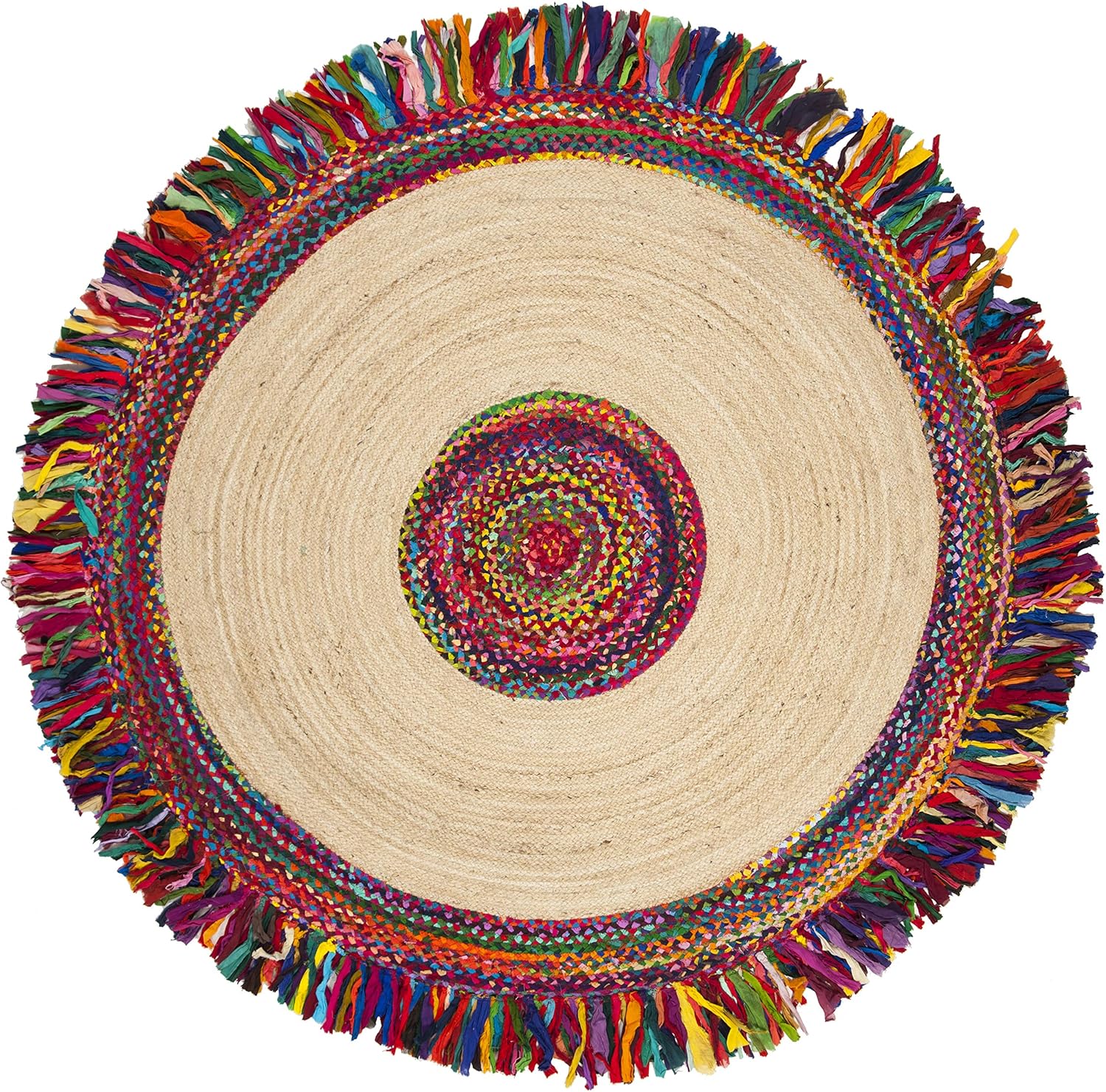 Natural Jute Area Rug with colorful fringes — a vibrant round rug that adds a bohemian touch to any space.