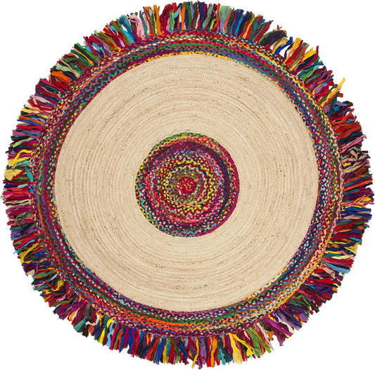 Natural Jute Area Rug with colorful fringes — a vibrant round rug that adds a bohemian touch to any space.