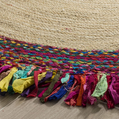 Natural Jute Area Rug featuring vibrant, colorful fringe accents — perfect for adding texture to any living space.