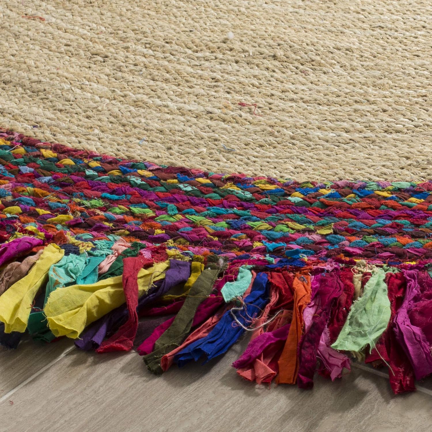 Natural Jute Area Rug with colorful braided edges — a vibrant handmade jute runner perfect for any indoor space.