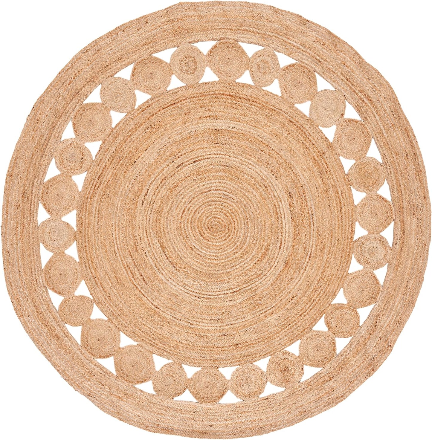 Round jute rug in natural tan color with circular patterns, perfect for a boho-chic home decor.