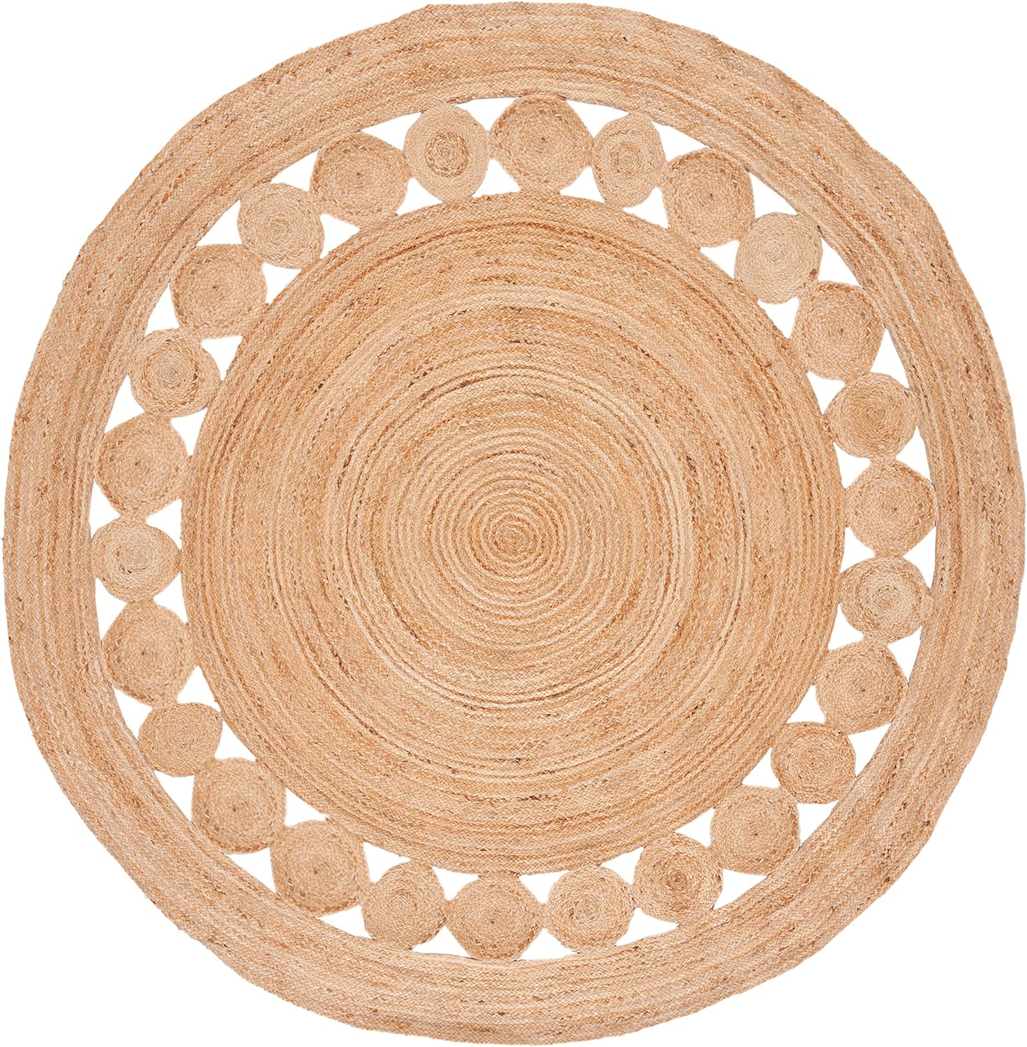 Round jute rug in natural tan color with circular patterns, perfect for a boho-chic home decor.
