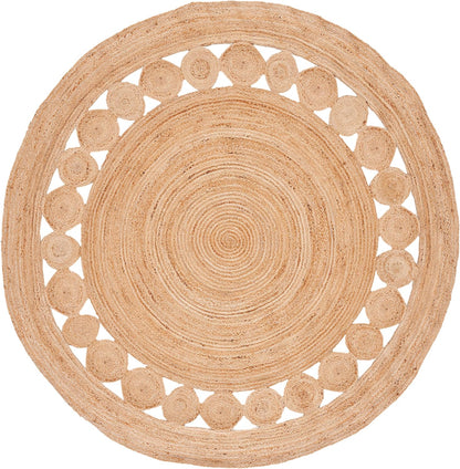 Round jute rug in natural tan color with circular patterns, perfect for a boho-chic home decor.