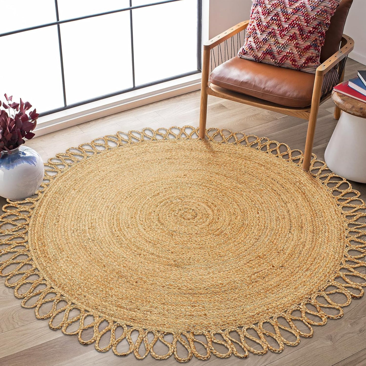Natural Jute Area Rug with a scalloped edge, enhancing the cozy ambiance of a sunlit living space.