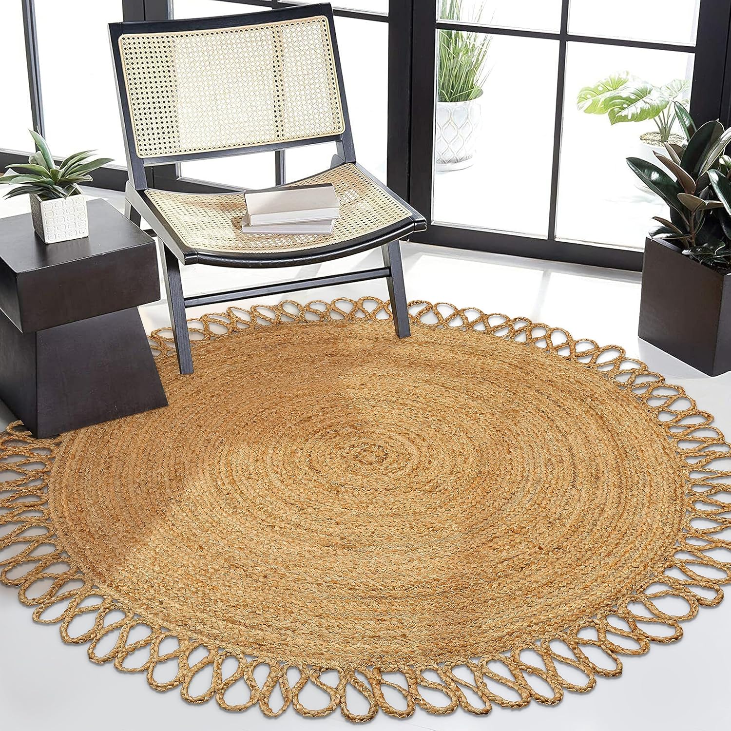 Natural Jute Area Rug with a scalloped edge, enhancing the cozy atmosphere of a modern living space.