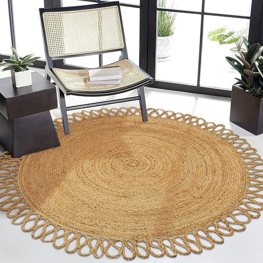 Natural Jute Area Rug with a scalloped edge, enhancing the cozy atmosphere of a modern living space.
