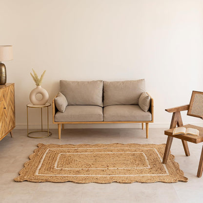 Handmade Natural White Scalloped Jute Rug Rectangle Braided Area Rug Farmhouse Boho Living Room Bedroom Entryway Rug