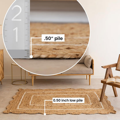 Handmade Natural White Scalloped Jute Rug Rectangle Braided Area Rug Farmhouse Boho Living Room Bedroom Entryway Rug