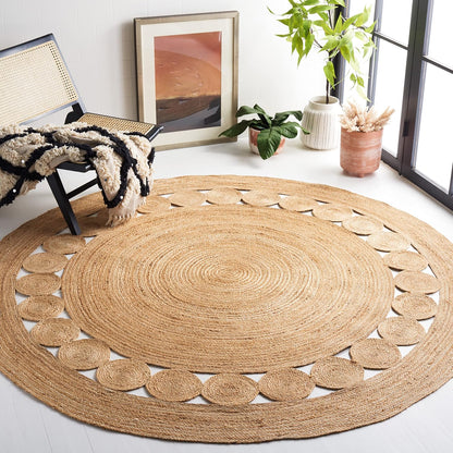 Round jute area rug with a circular pattern, natural beige color, perfect for boho home decor.