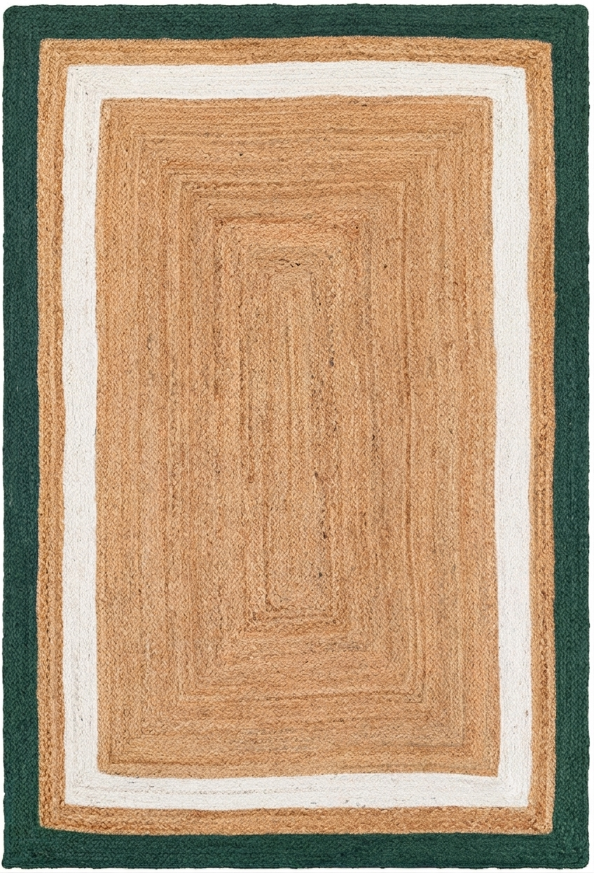 Natural Jute Area Rug with dark green border and natural jute center on white trim
