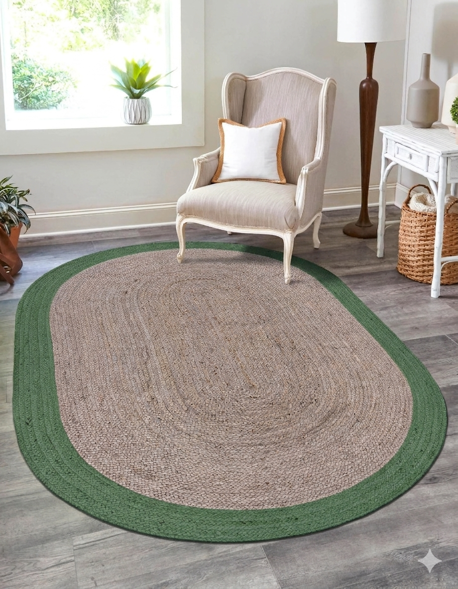 Oval-shaped braided rug with green border in a room with a chair and decor.