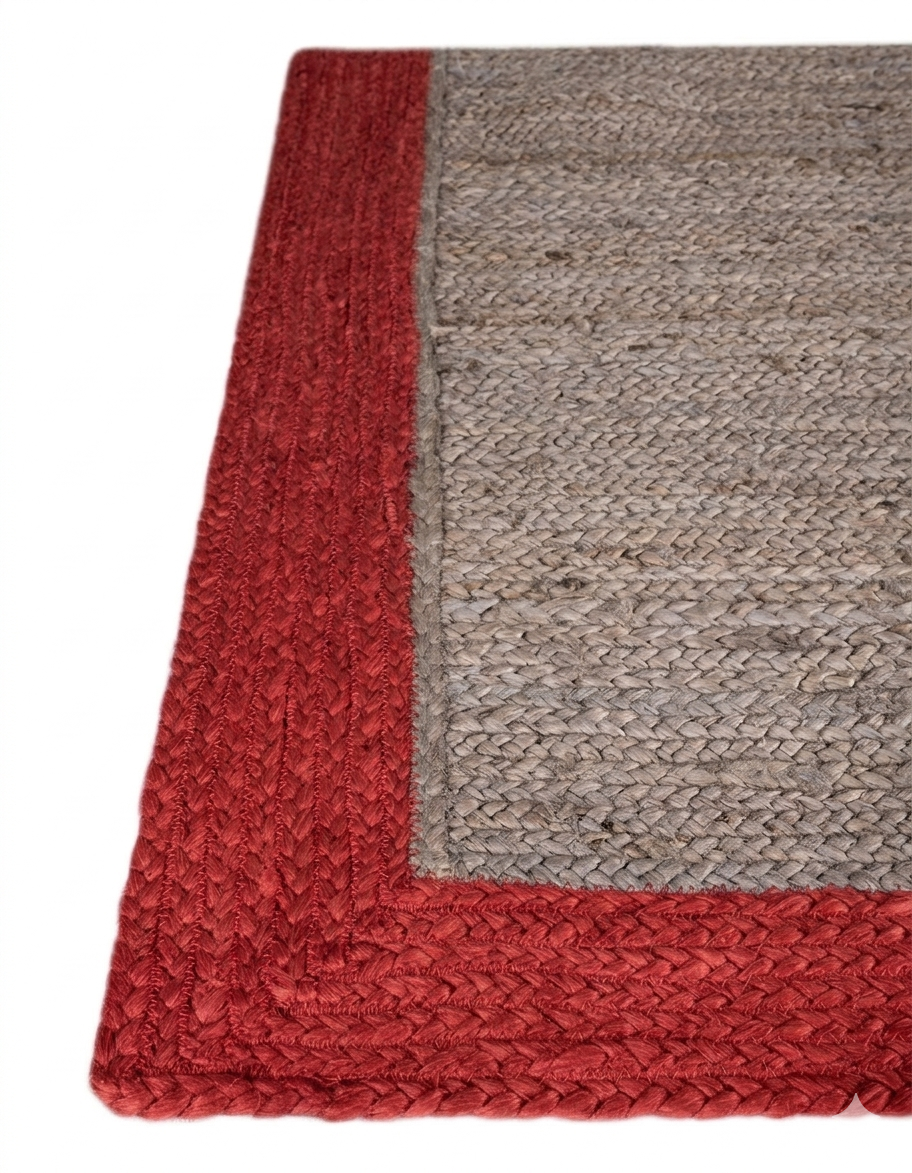 Close-up of a red and gray braided rug corner.