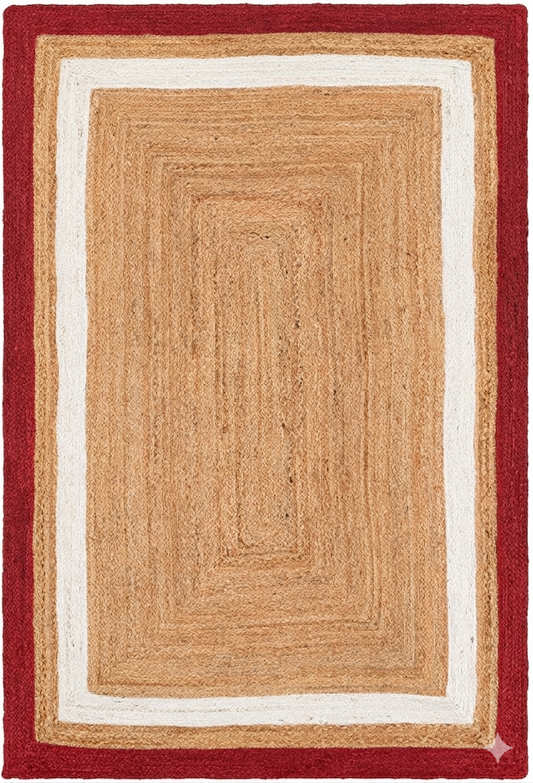 Rectangular braided rug with a beige center and red border
