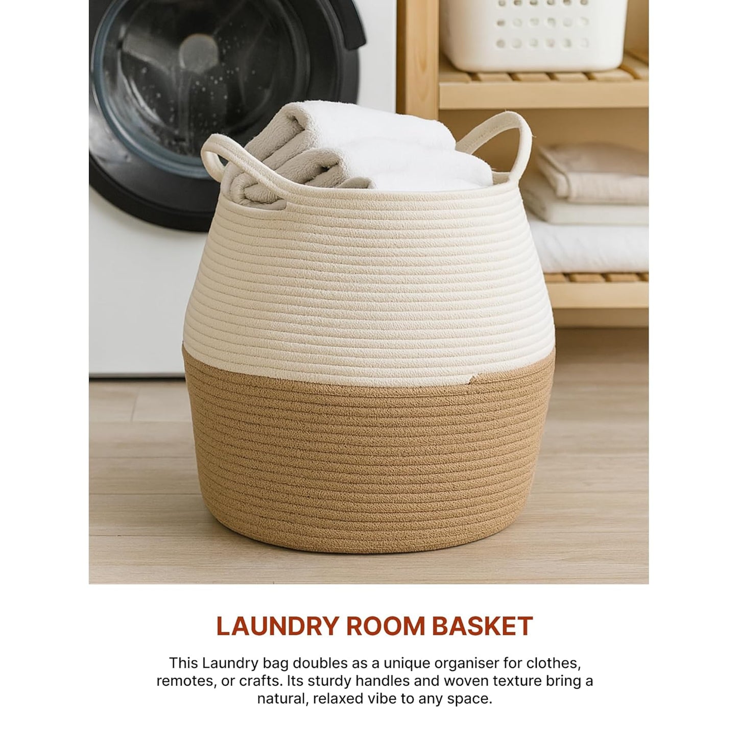 Natural jute basket for nursery organization, laundry storage, blanket storage, and decorative home furnishing with durable woven texture.