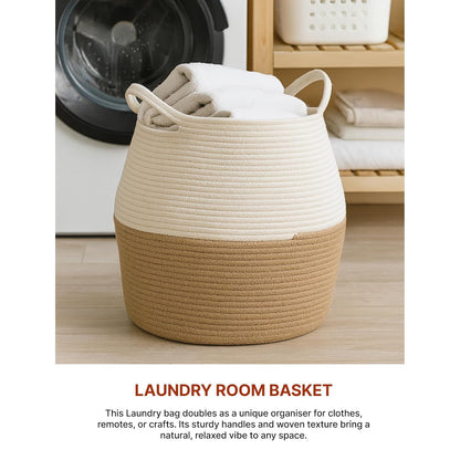 Natural jute basket for nursery organization, laundry storage, blanket storage, and decorative home furnishing with durable woven texture.