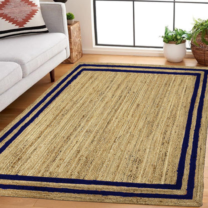 Natural Jute Area Rug with navy border, ideal for living room or entryway as a stylish floor carpet.