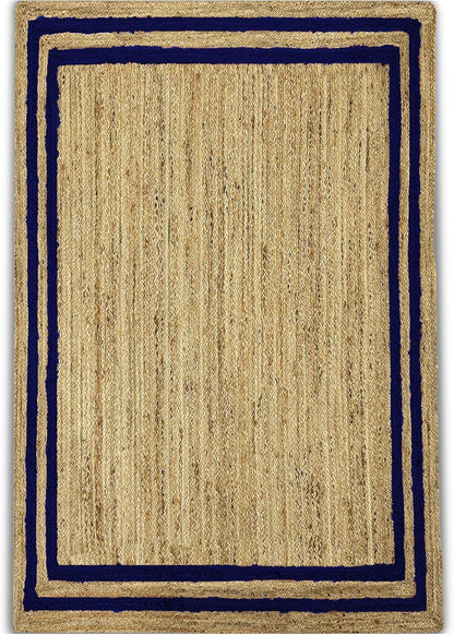 Natural Jute Area Rug with navy blue border, ideal for living room or entryway as a stylish floor carpet.