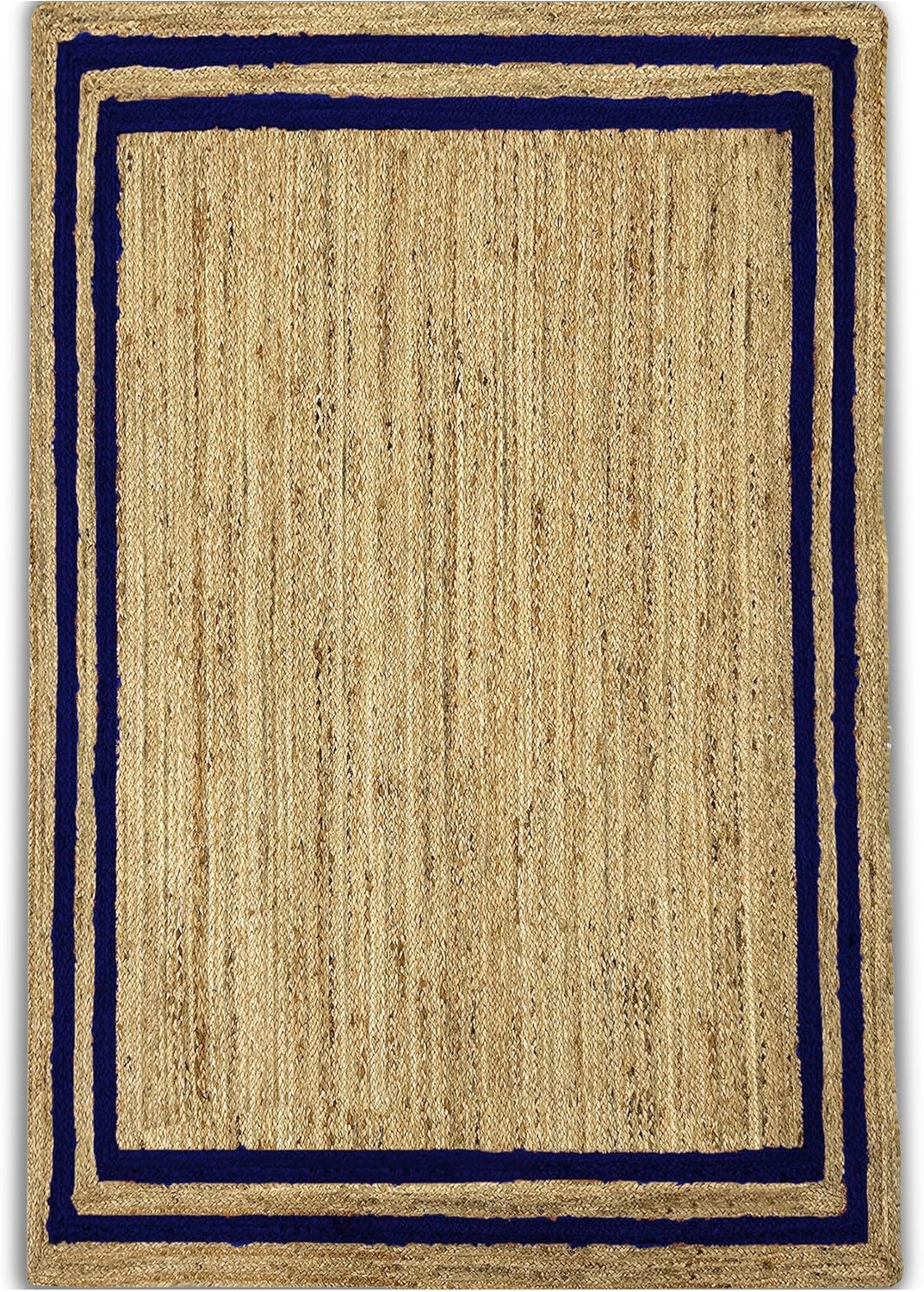Natural Jute Area Rug with a navy blue border, suitable for living room or entryway decor.