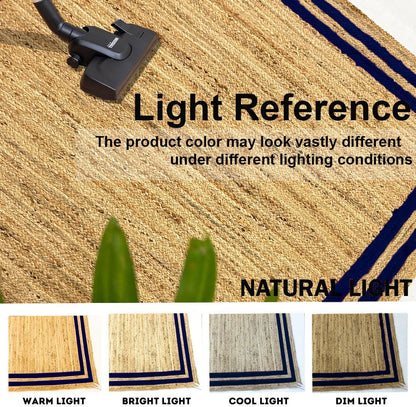 Natural Jute Area Rug with blue border, ideal for living room or entryway as a decorative floor carpet.