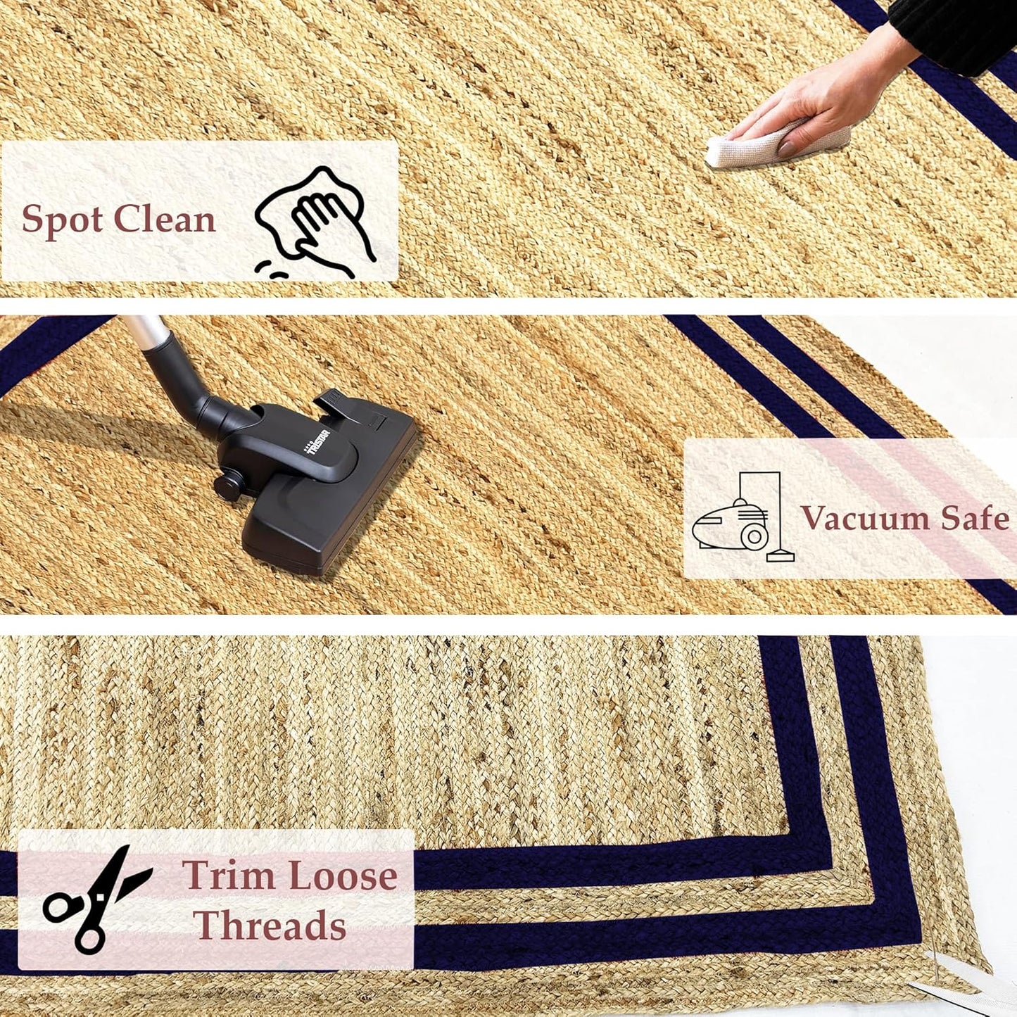 Natural Jute Area Rug with navy border, suitable for indoor use, easy to clean and vacuum safe.