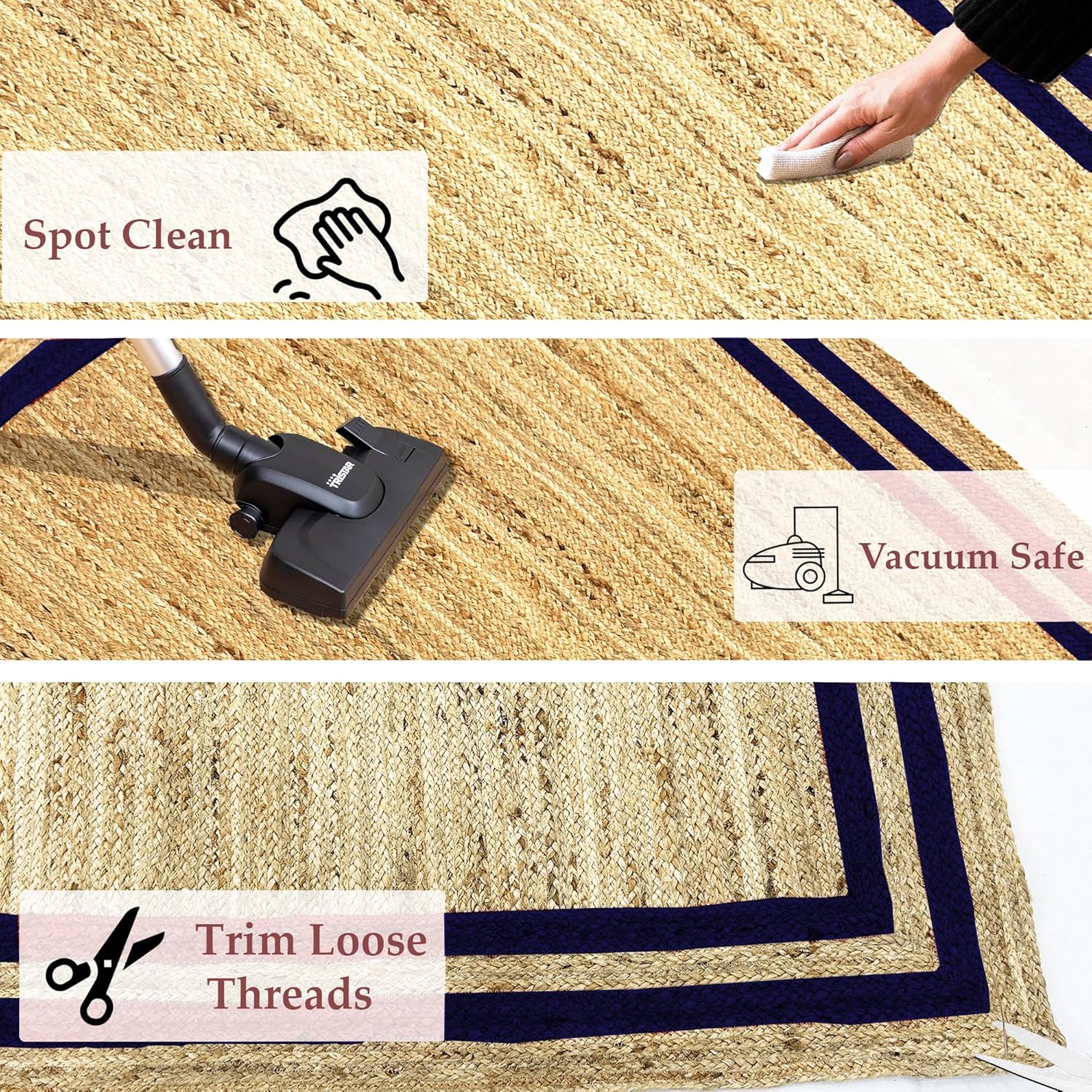 Natural Jute Area Rug with navy border, suitable for indoor use, easy to clean and vacuum safe.