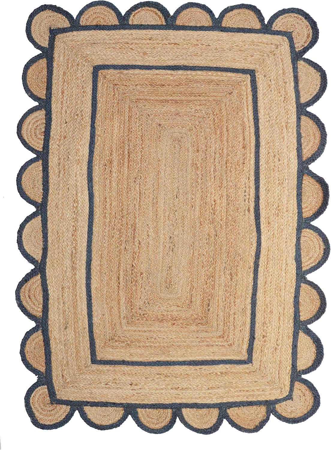 Handmade Natural Navy Blue Scalloped Jute Rug Rectangle Braided Area Rug Farmhouse Boho Coastal Living Room Bedroom Entryway Rug