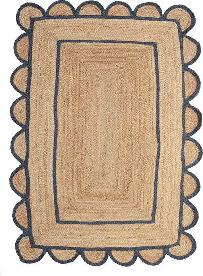 Handmade Natural Navy Blue Scalloped Jute Rug Rectangle Braided Area Rug Farmhouse Boho Coastal Living Room Bedroom Entryway Rug