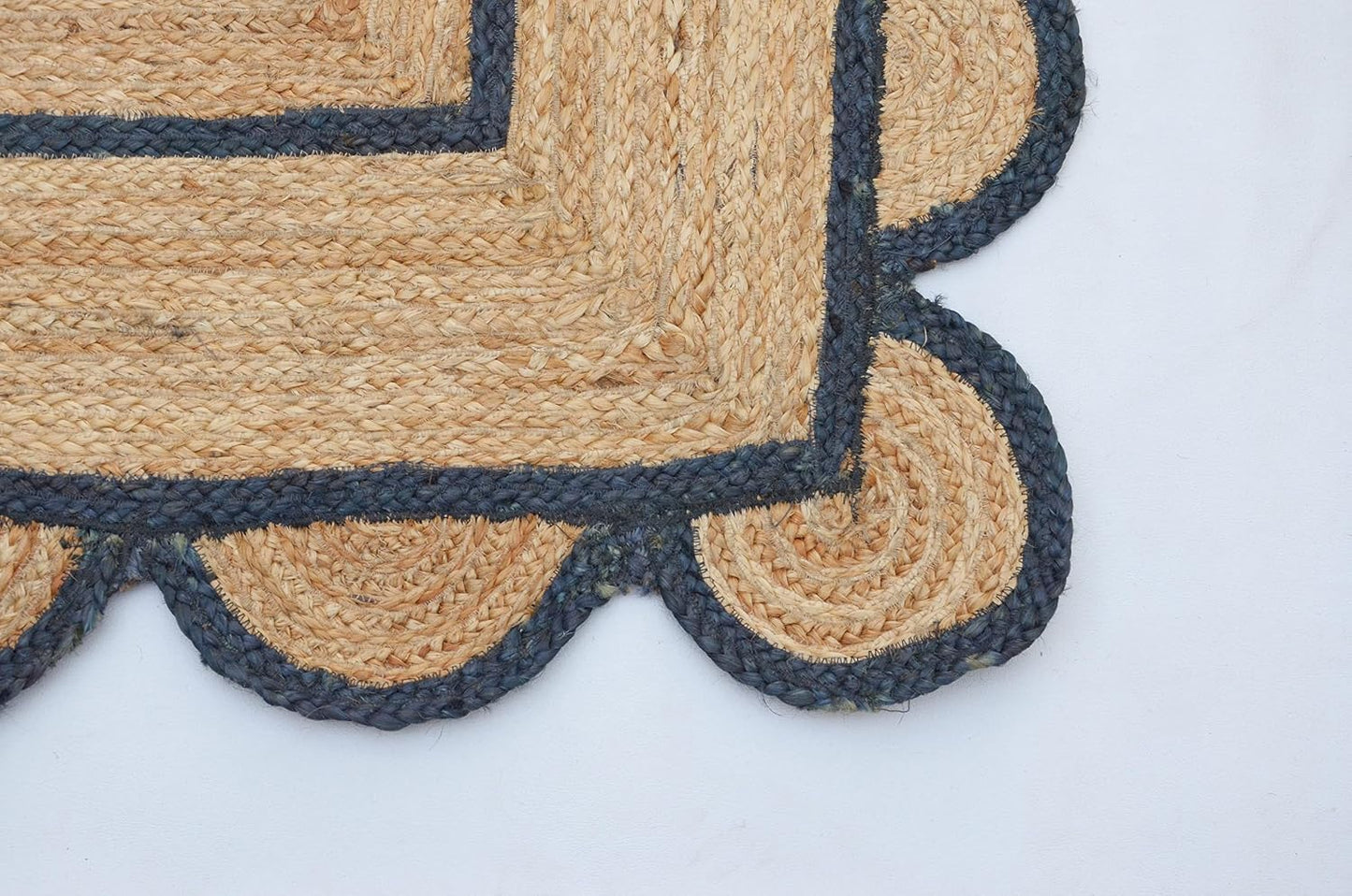 Handmade Natural Navy Blue Scalloped Jute Rug Rectangle Braided Area Rug Farmhouse Boho Coastal Living Room Bedroom Entryway Rug