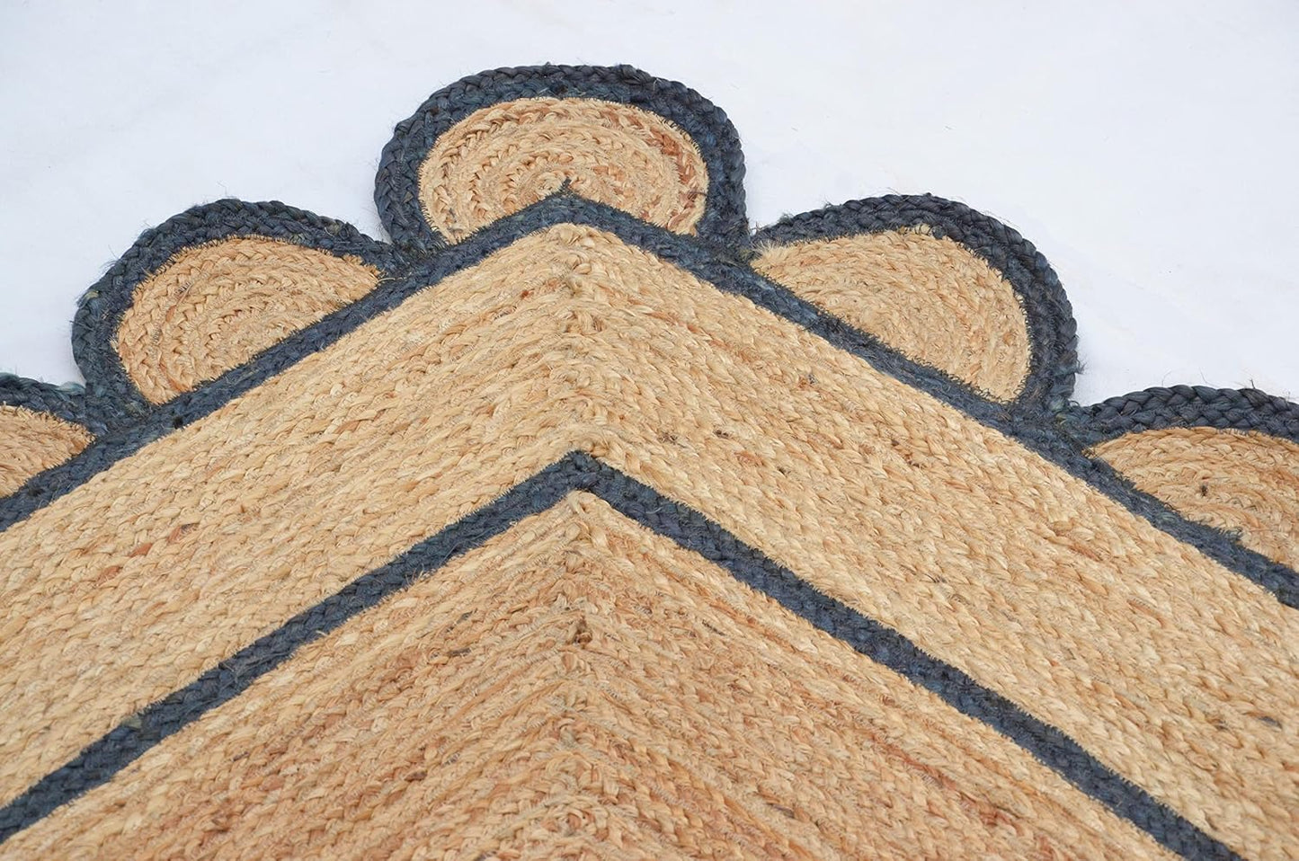 Handmade Natural Navy Blue Scalloped Jute Rug Rectangle Braided Area Rug Farmhouse Boho Coastal Living Room Bedroom Entryway Rug