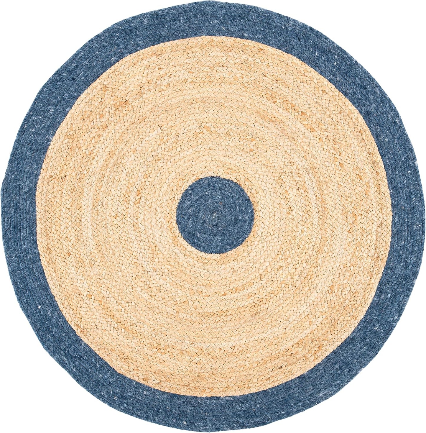 Round jute rug with blue and natural fibers, perfect for adding texture to any space.
