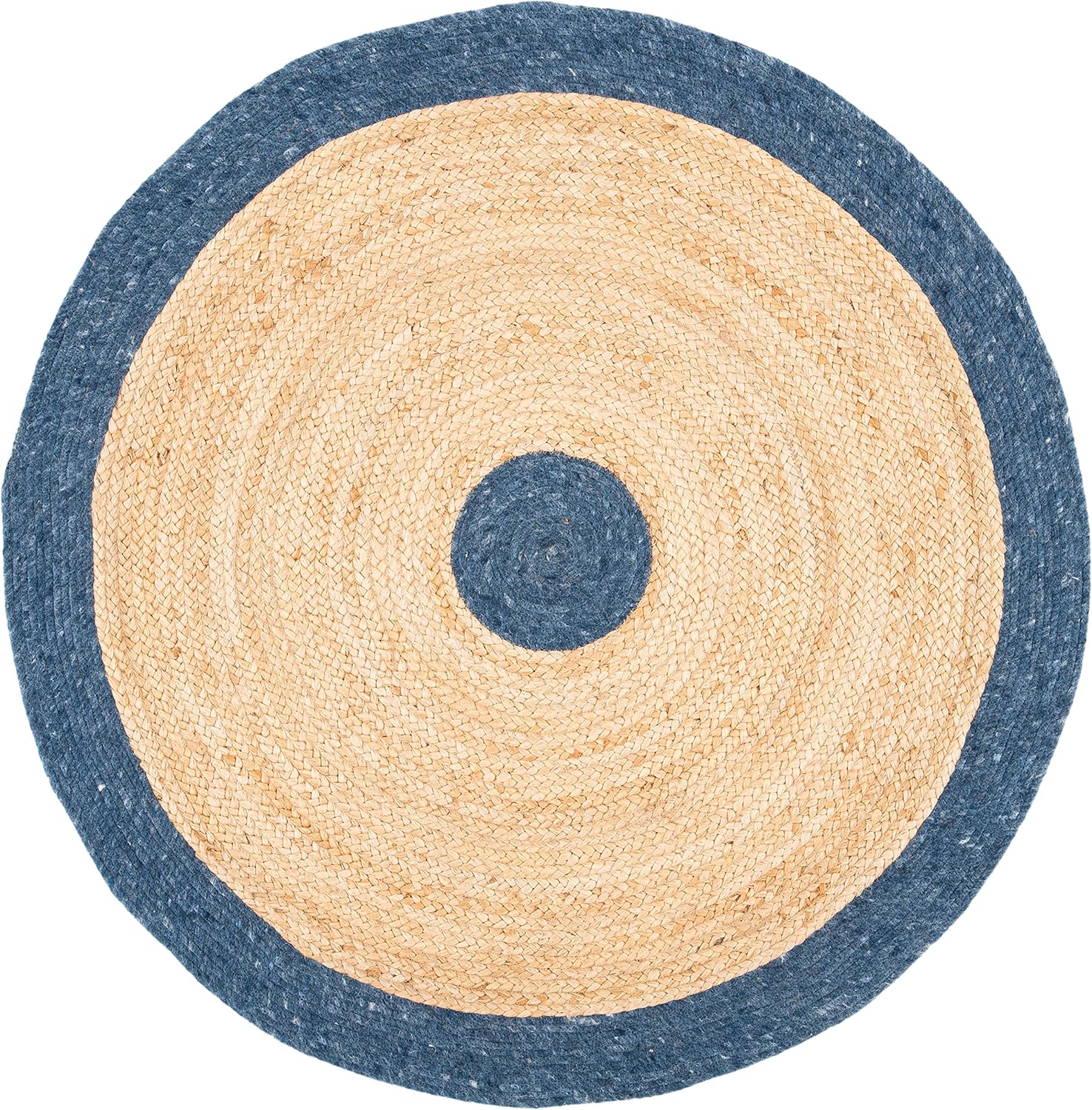 Round jute rug with blue and natural fibers, perfect for adding texture to any space.