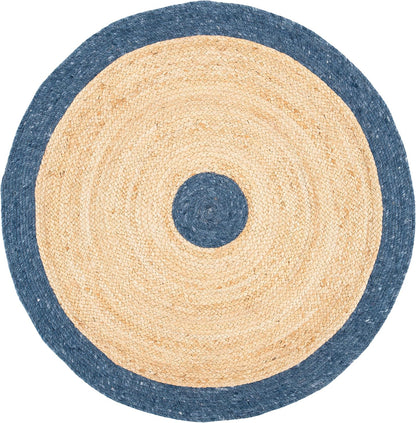 Round jute rug with blue and natural fibers, perfect for adding texture to any space.
