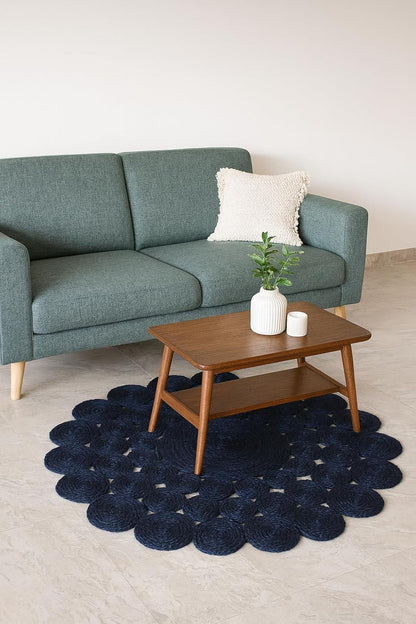 Natural Jute Area Rug in a scalloped design, enhancing the cozy living room with its texture and earthy tones.