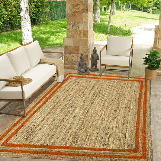 Natural Jute Area Rug with a textured design, featuring orange stripes, ideal for indoor or outdoor use.