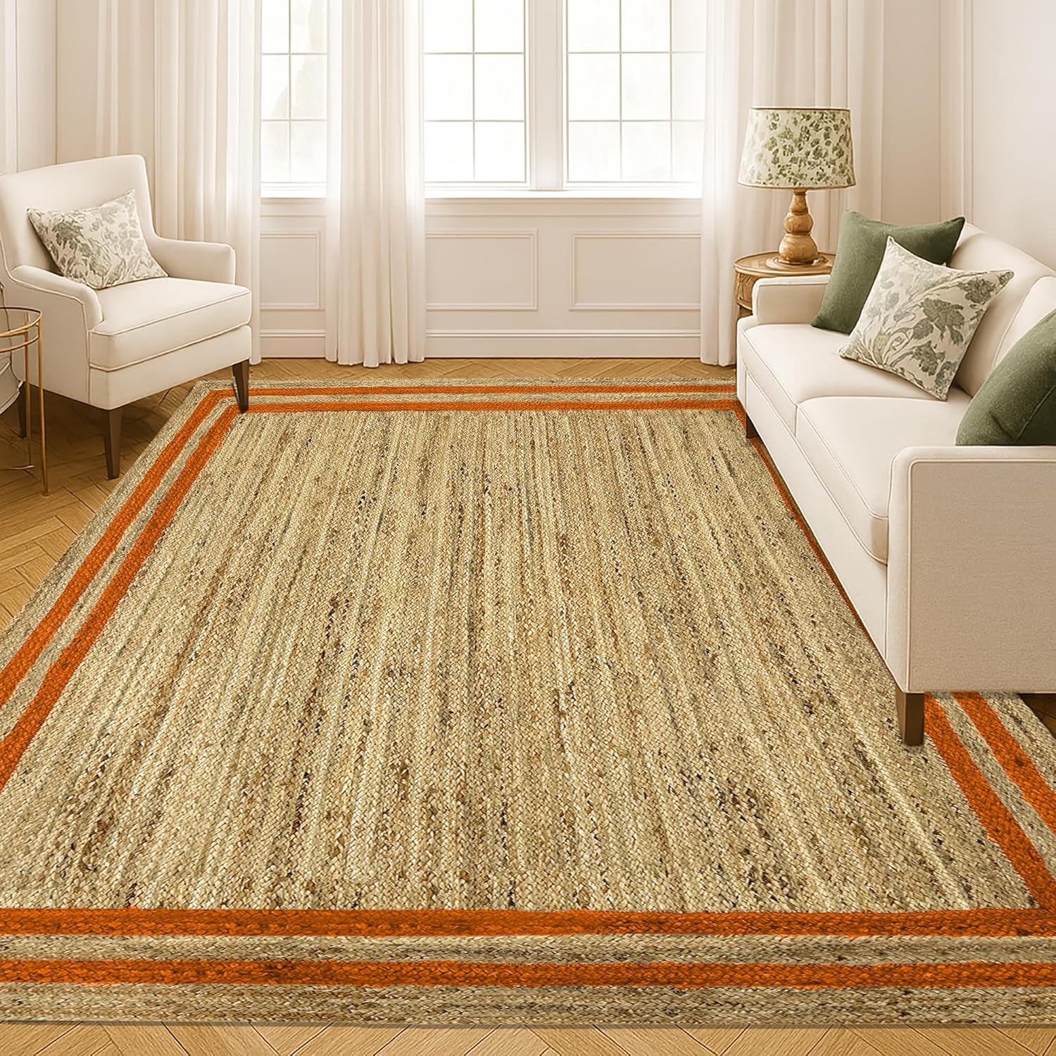 Natural Jute Area Rug with orange stripes, suitable for living room or entryway as a floor carpet.