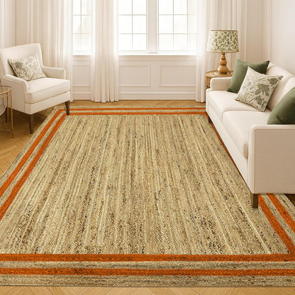 Natural Jute Area Rug with orange stripes, suitable for living room or entryway as a floor carpet.