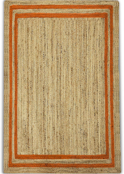 Natural Jute Area Rug with a textured surface and orange border, suitable for living room or entryway decor.