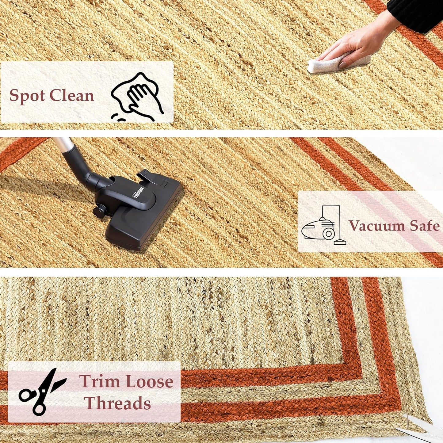 Natural Jute Area Rug with orange border, suitable for living room or entryway, easy to clean and maintain.